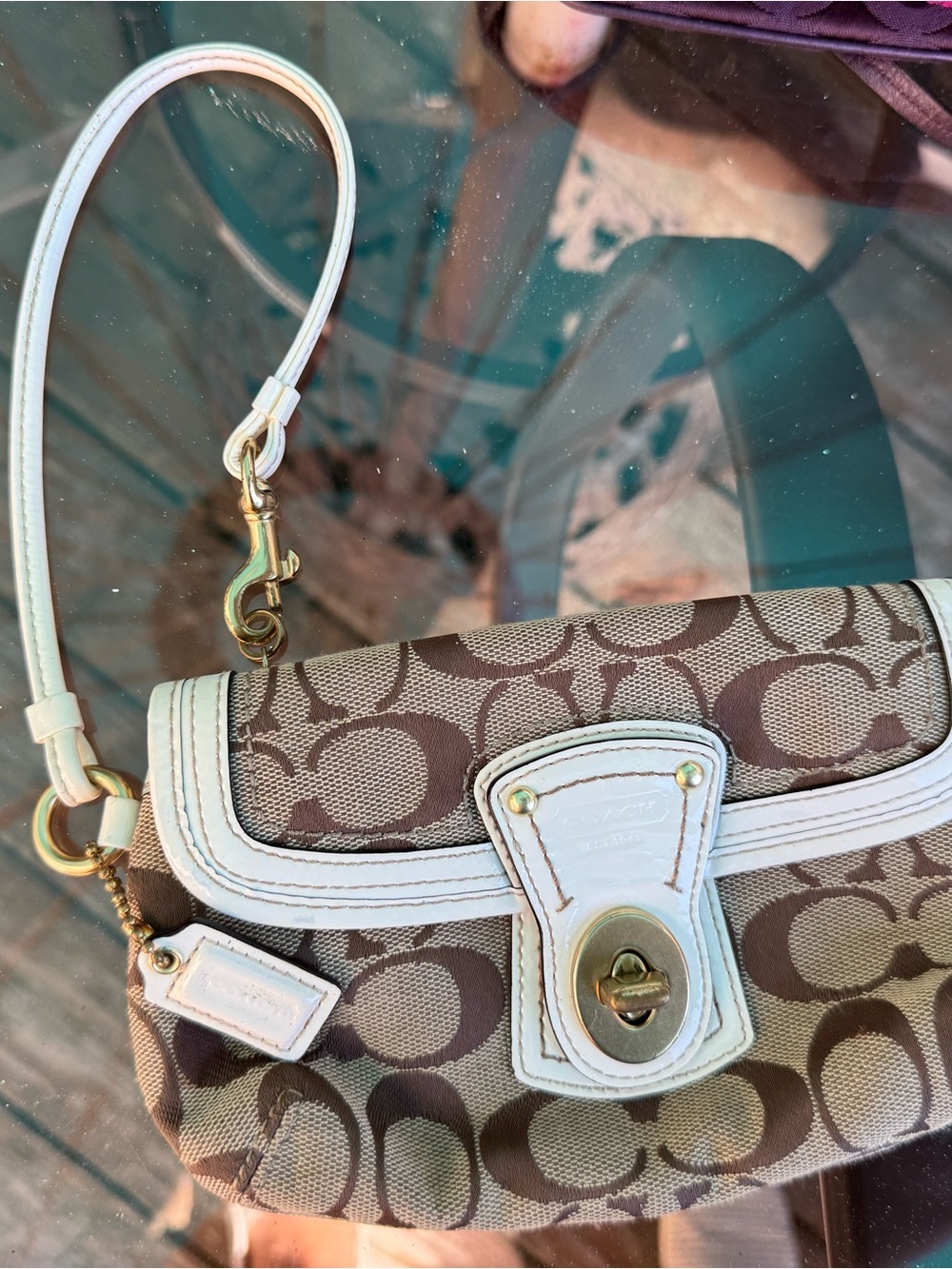 Coach Brown Signature Canvas Wristlet with White Trim